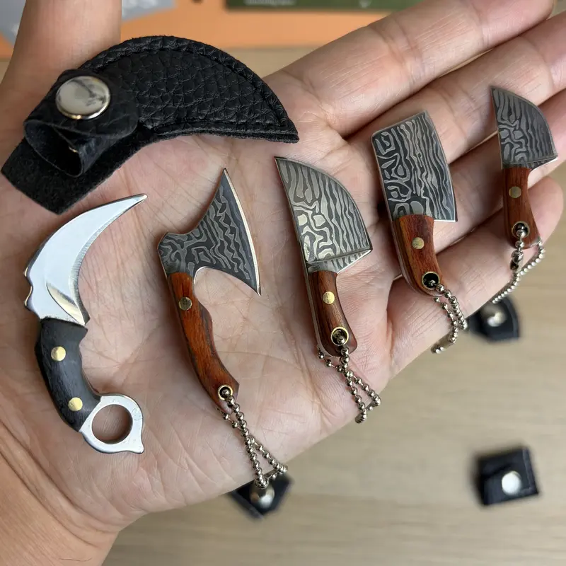 SET OF 5 Super Mini Pocket Knife Keychain Set with Damascus Craftsmanship, 5PCS Small Knives Hanging Ornament with Leather Pouches, EDC Tool for Outdoor Camping, Stainless Steel+Wood