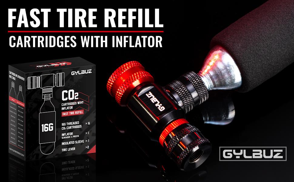 CO2 Inflator with 6x16g CO2 Cartridges - Presta and Schrader Valve Compatible Portable Bike Tire Pump with Insulated Sleeve for Road and Mountain Bicycle