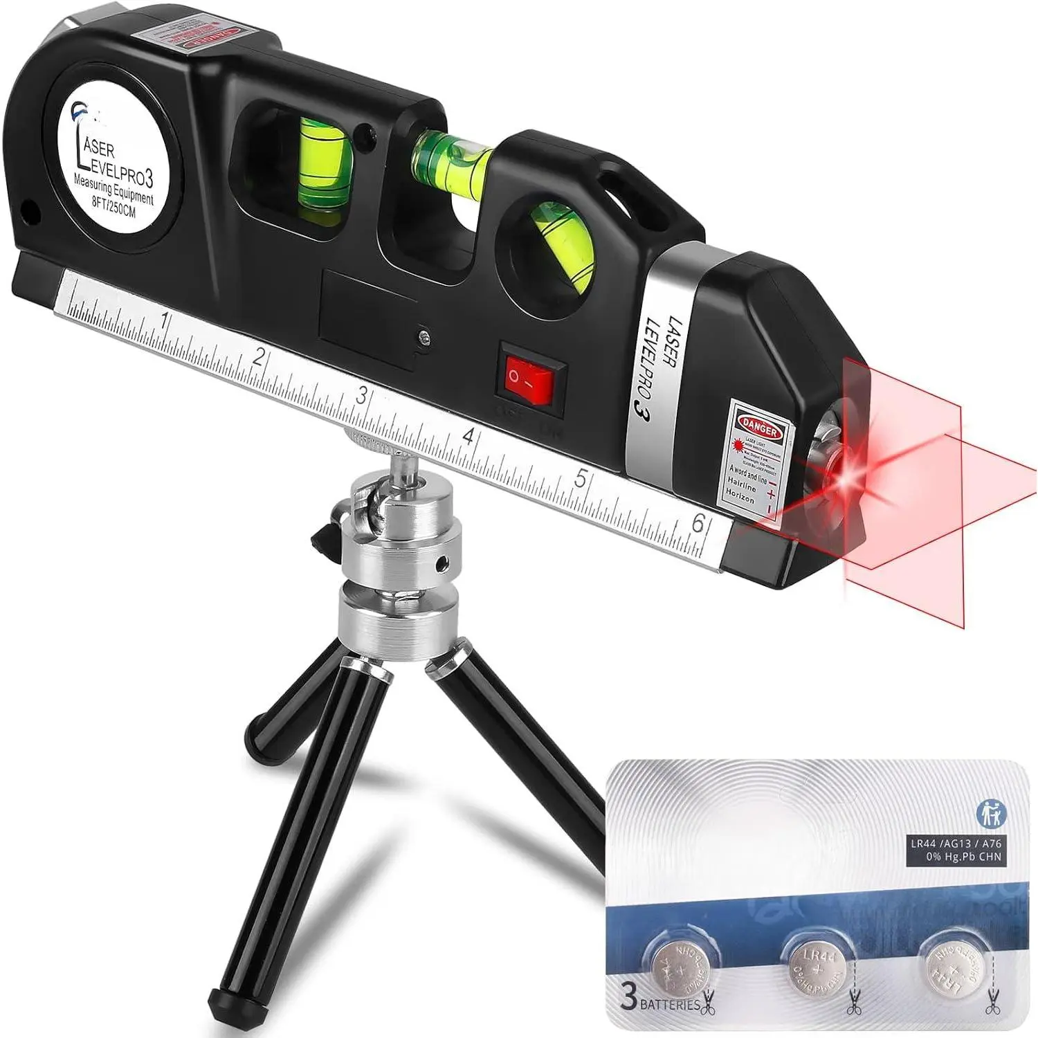 Laser Level  Multipurpose Cross Line 8 feet Measure Tape Ruler Adjusted Standard and Metric Rulers for hanging with Metal Tripod Stand(Black)