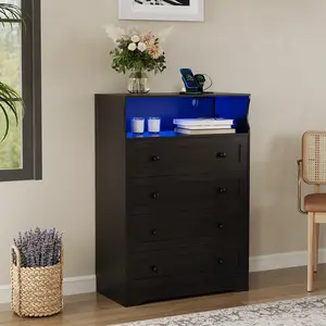 Modern Nightstand for Bedside, 4 Drawer Wooden Dressers for Bedroom with LED  Charging Station&Lights, Wood Chest of Drawers Storage Organizer for Living Room, Closet, Hallway