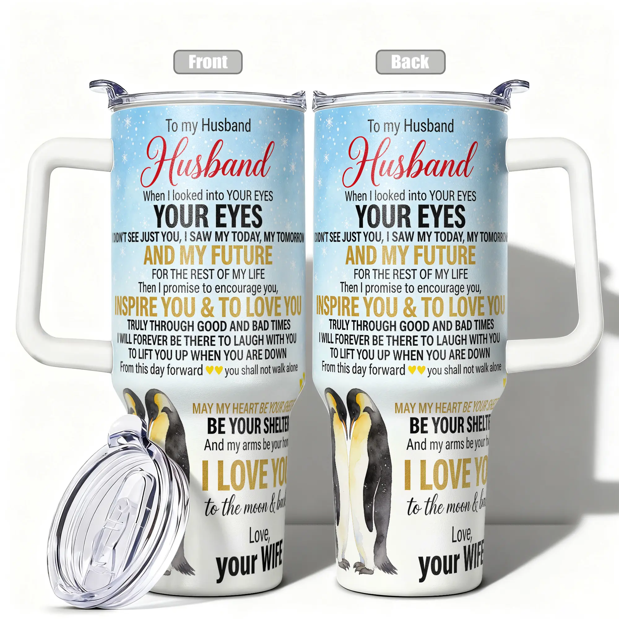 Valentine's Gift 40oz/30oz/20oz/14oz Stainless Steel Cup with Penguin Couple Design Hydration Reminder Tumbler for Wife Husband Girlfriend Boyfriend Perfect for Fitness Hiking Office Travel Unique Romantic Gift Ide