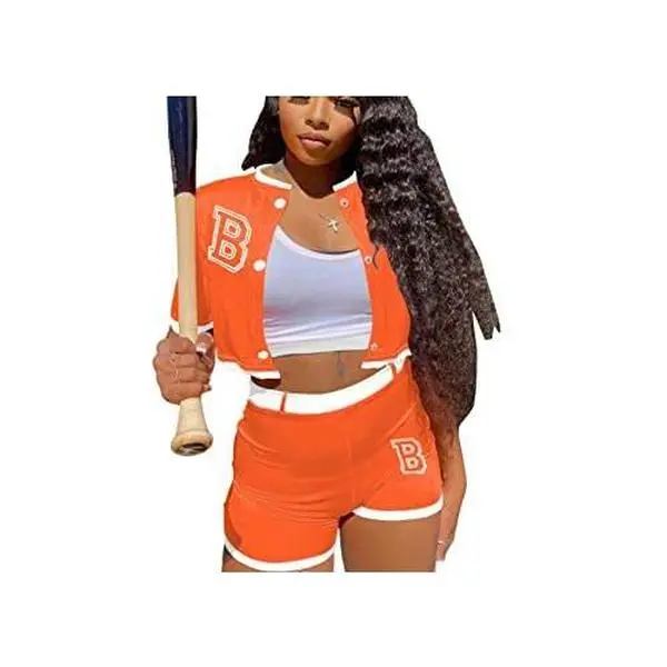 Womens 2 Pieces Outfits Baseball Varsity Tracksuit Patchwork Sets Letter Sweatsuit Short Sleeve Crop Top Bomber Slim Shorts Jacket Button Down Crop Track Suit
