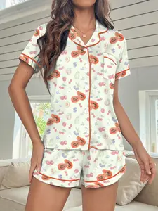 Women's Cute Fruit Print Pajama Set, Short Sleeve Shorts, All Seasons, Soft Comfortable Homeewear, Fitted, Button Front Casual