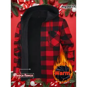 Men's Winter Hooded Plaid Jacket Coat - Thickened Flannel Lining, Red/Black/White/Gray Checkered Button-Front, Collar, Loose Fit Long Sleeve Shirt Coat for Outdoor & Casual Wear (European Sizing)