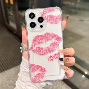 Transparent Card Holder Case with Sexy Lip Pattern, Thick Anti-Drop Smartphone Cover Compatible with iPhone 17/17 Pro Max/air/11-16 Series Protector