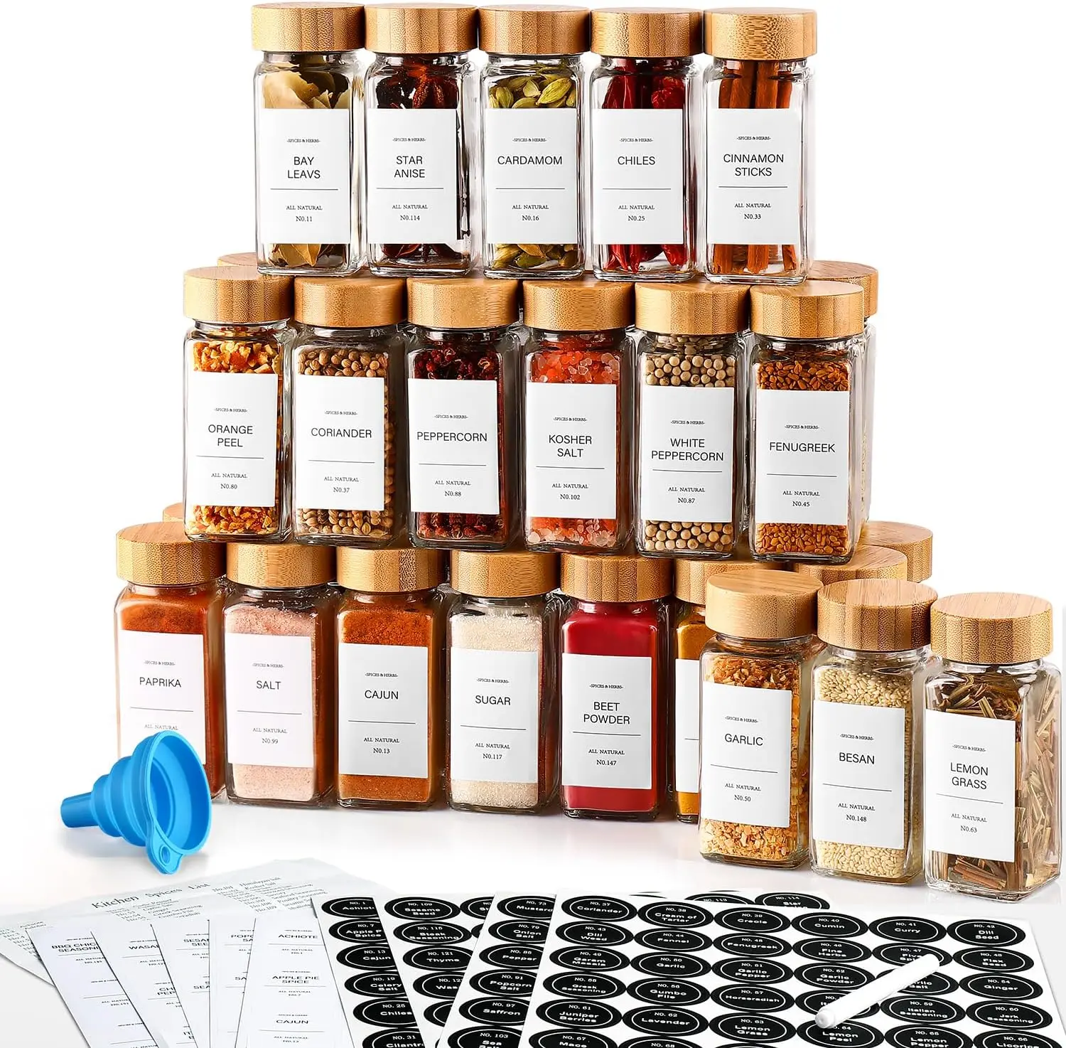 DWTS Danweitesi 36 Pcs Glass Spice Jars with Bamboo Lids & Labels, 4 Oz Spice Bottles, 180 Labels, Square Glass, Dishwasher Safe, Funnel & Chalk Pen Included