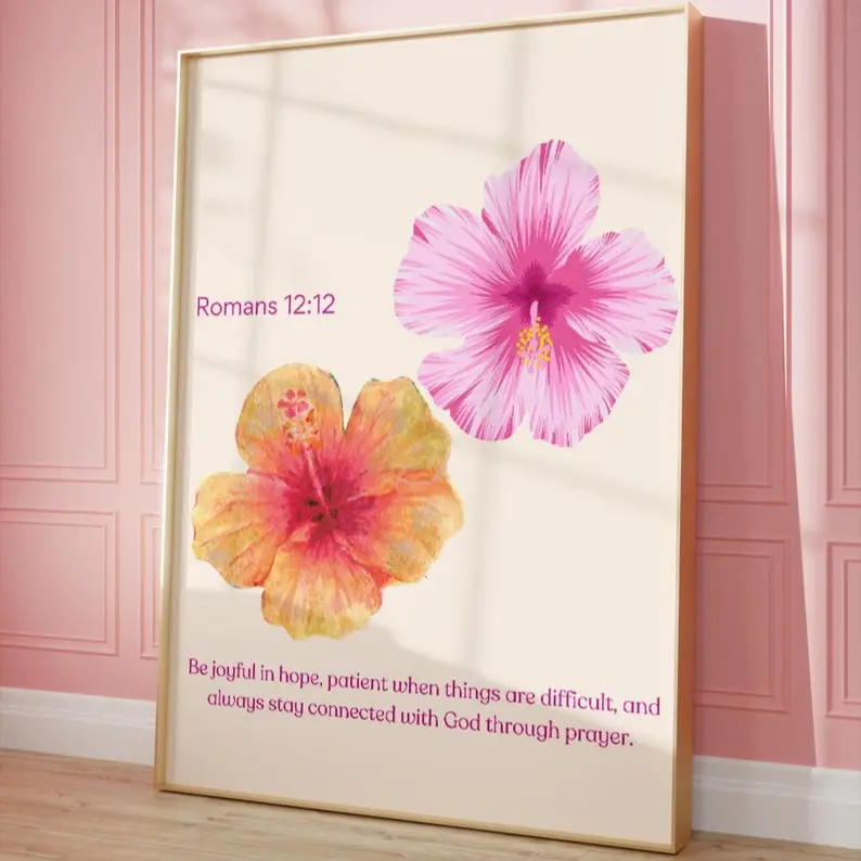 Artistic Christian Bible Quote Framed Wall Decor - "Be Joyful In Hope" Affirmation, Pink-Yellow Hibiscus Flower Design, Waterproof, Bedroom & Kitchen Decor, Gift Box Included, Frames