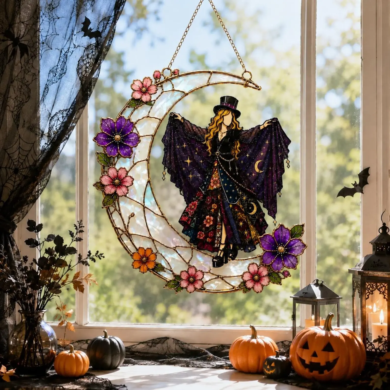 Witch Stained Glass Suncatcher, Crescent Moon Window Hanging, Gothic Halloween Decor, Floral Witch Sun Catcher, Witchy Home Gift