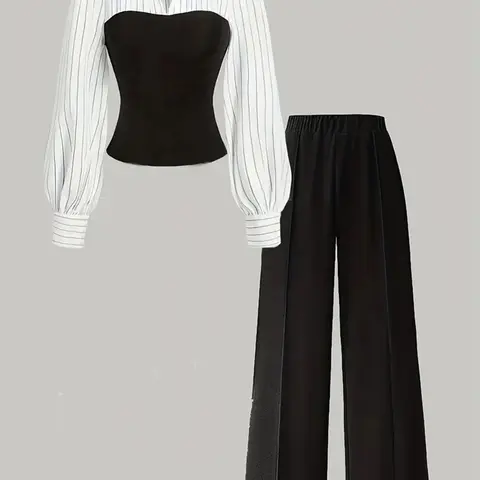 Women's Striped Patchwork Two-Piece Set, Basic Long Sleeve Puff Sleeve V-Neck Top & Wide Leg Pants, Versatile for Office & Casual Wear, Womenswear