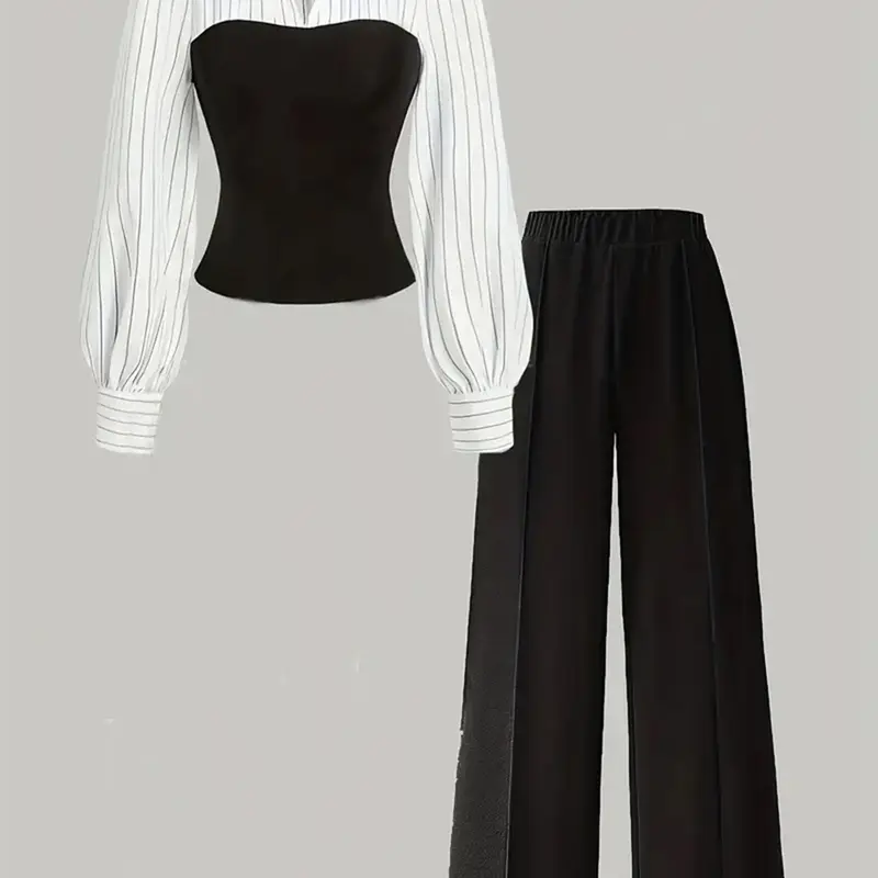 Women's Striped Patchwork Two-Piece Set, Basic Long Sleeve Puff Sleeve V-Neck Top & Wide Leg Pants, Versatile for Office & Casual Wear, Womenswear