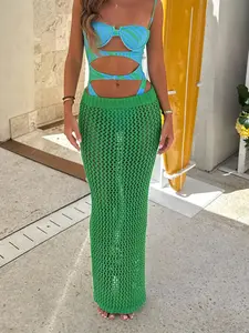 Fashion Hollow Out Texture Beach Cover-Up Skirt, Vacation Casual Knitted Slim Fit Skirt, Sexy Style, Plain Pattern, Swim Cover Ups, Women's Clothing