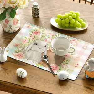 Easter Bunny & Flowers Plaid Placemats 12x18 Inch Woven Polyester Rectangular Hand Wash Only for Dining Kitchen Table Decoration Coasters Tableware