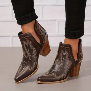 Women's Chunky Heeled Ankle Boots, Retro Embroidery Pointed Toe Slip On Western Boots, V-cut Short Boots outdoors