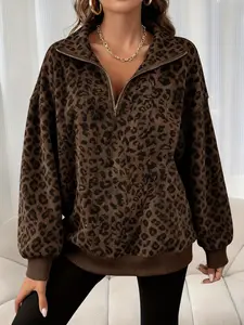 Plus Size Women's Half-Zip Leopard Print Long Sleeves Sweatshirt, Loose Fit Casual High Neck Pullover, Daily Wear Fashion Top