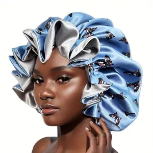 Large Double-layered Bonnet Hair Bonnet For Sleeping Shower Cap With Printed Patterns Reusable Hair Care Wrap Cap Sleep Caps For Women Daily Hair Care 100% Polyester Portable