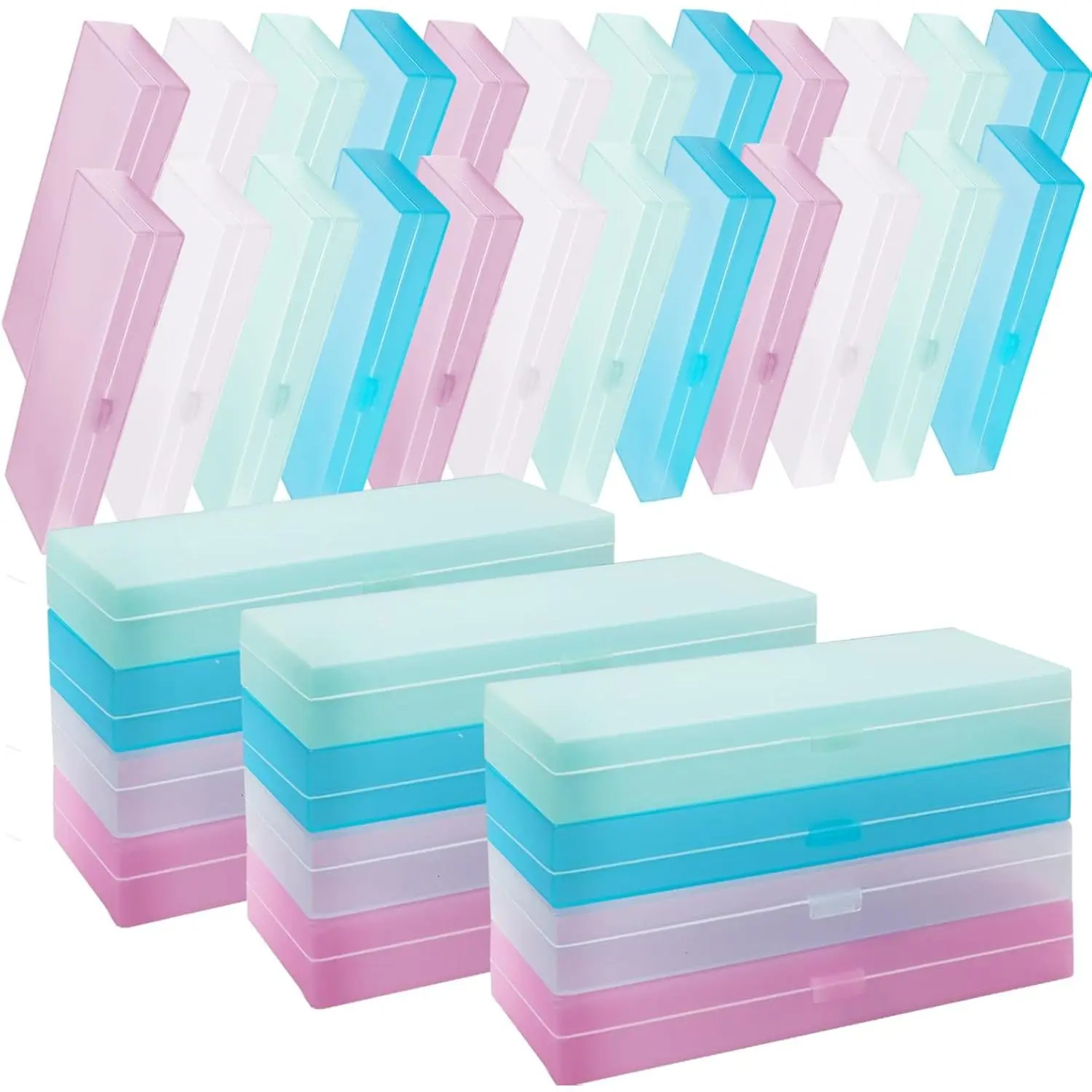 40 Pcs Frosted Plastic Pencil Box with Lid and Snap Closure for Pens Organizer and Office Stationery Supplies Bulk(White Pink Blue Green)