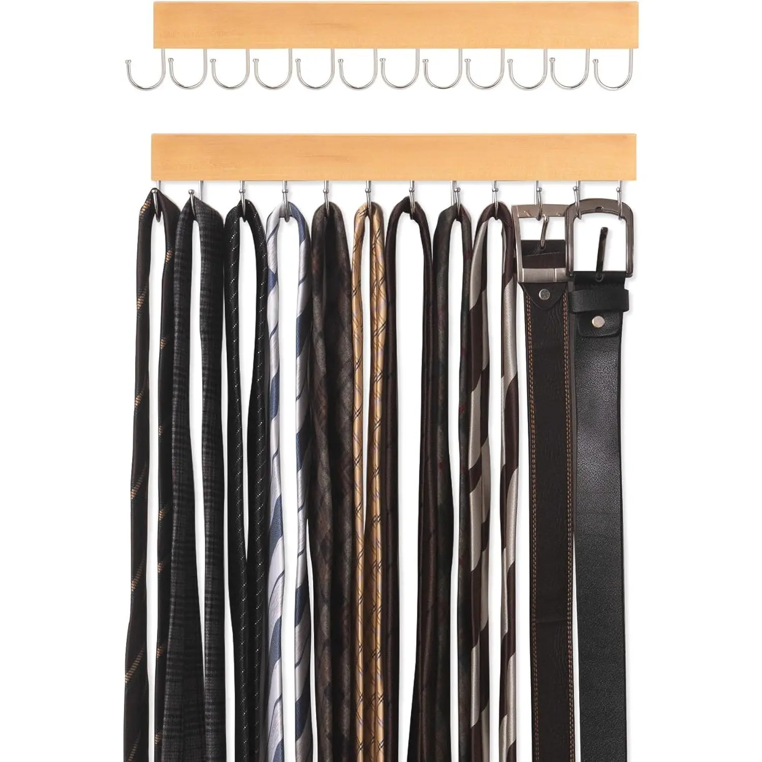 Tie Rack with 12 Hooks, 2-Pack Wall-Mounted Wooden Hangers for Neckties, Belts, Hats,   Color