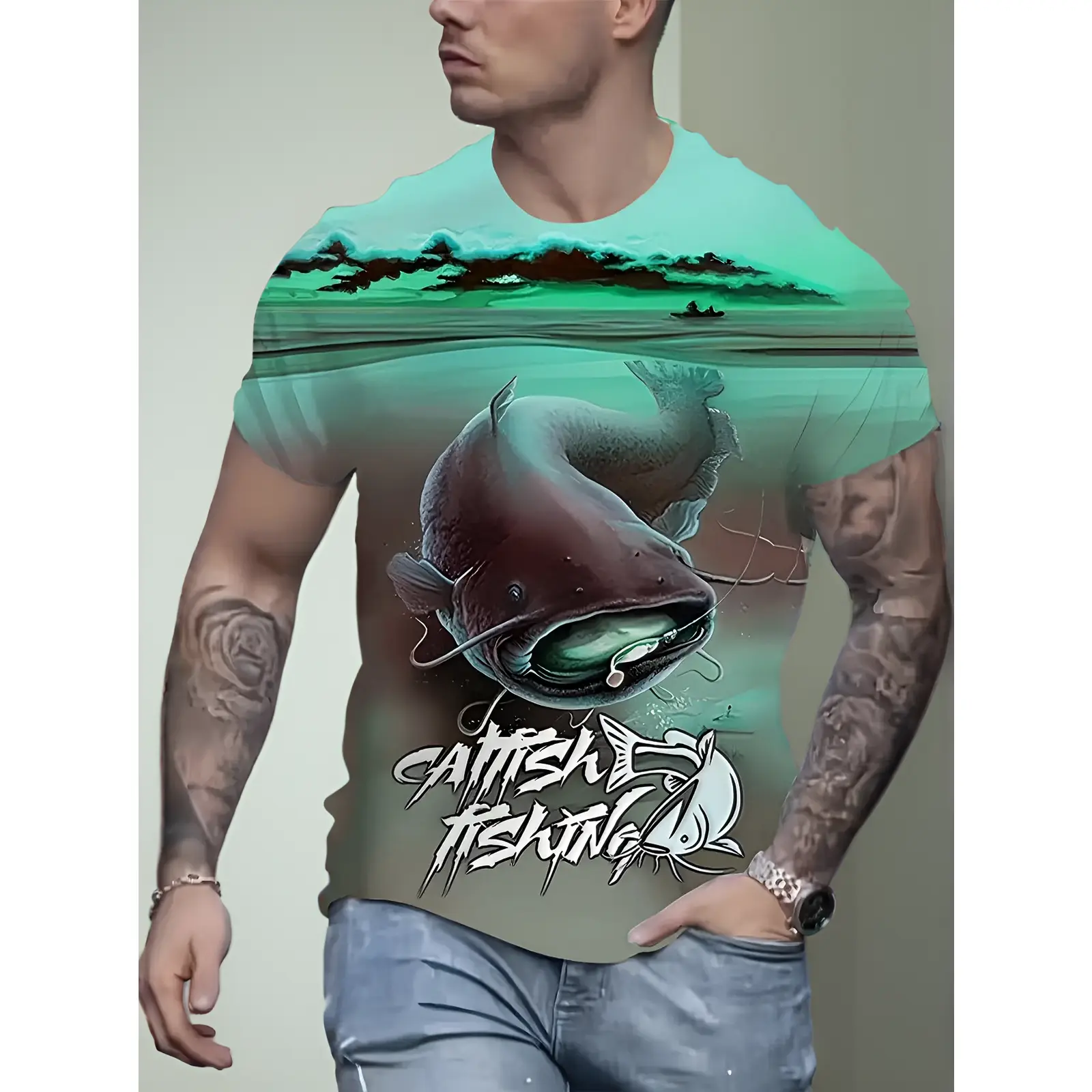 Men'S Large 3D Catfish Pattern T-Shirt| Real Fishing Print, Firm, Lightweight And Breathable Fabric, Suitable For Outdoor Activities And Casual Wear, Crew Neck, Short Sleeve, Regular Fit, Plus Size