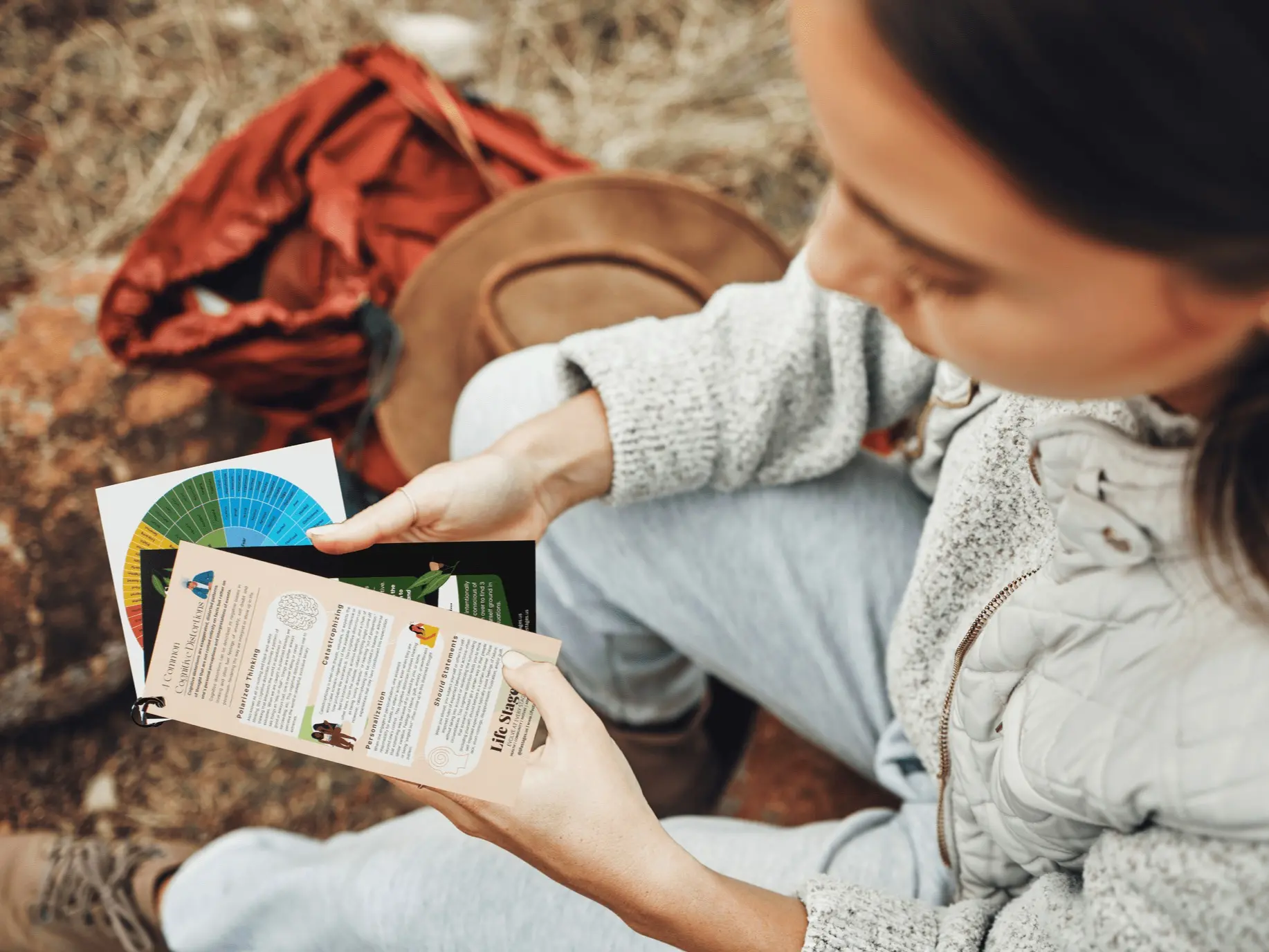 Life Stages' Outdoor Weather-Proof Wellness Guides: How & Why to Ground, Cognitive Distortions, and Emotion Wheel