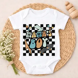 Cotton Baby Bodysuit Mama's Boy Checkerboard Print 100% Pure Cotton Non-Irritating Snap Closure Breathable Stretchy Perfect For Gifting & Everyday
