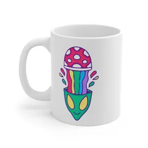 Vibrant Mushroom and Alien Wonderland Mug - Colorful Enchanting Design Alien Mug 11oz Gift Ceramic Drinkware Cup Coffee