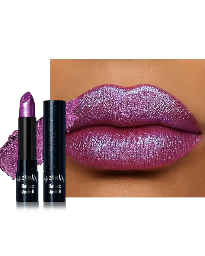 Glitter Metallic Shimmer Lipstick, Purple Lipstick Long Lasting, Diamond High Pigmented Shiny Metallic Lip Stick, Non-sticky Sparkly Lipsticks for Women Christmas Makeup - 12 Purple