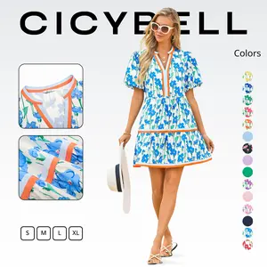 Cicy Bell Womens V Neck Floral Mini Dress Short Puff Sleeve Patchwork Summer Casual Boho Dresses Soft Fabric & Comfortable Fit