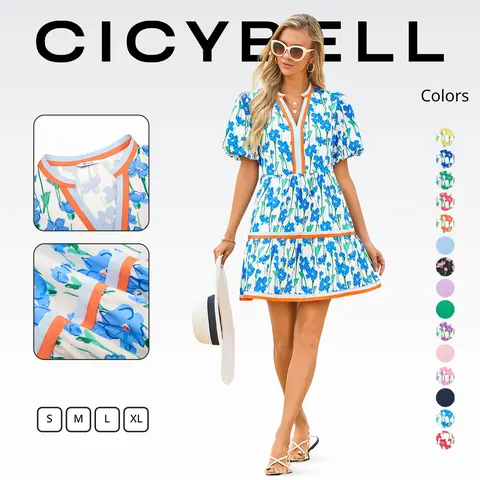 Cicy Bell Womens V Neck Floral Mini Sundress Short Puff Sleeve Patchwork Summer Casual Boho Dresses Soft Fabric & Comfortable Fit