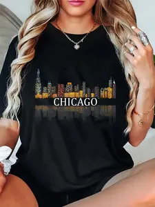 100% Cotton Unisex Chicago T Shirt Chicago City Skyline Lights At Night Gifts Round Neck Short Sleeve T-Shirt Women's Men Graphic Tee