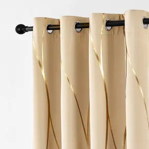 2pcs Set Of Gold-plated Wavy Texture Curtains with Perforated Hanging On The Top, Insulated And Noise Reducing to Protect Room Privacy, Suitable for Dining Rooms, Study Rooms, Outdoor Balconies