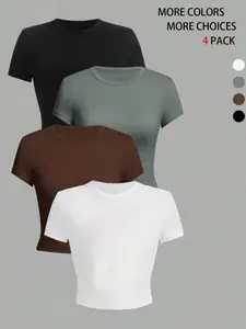 4-Pack Cropped Basic Solid Color Short T-Shirts - Minimalist Casual Tops, 2026 Trending Versatile Streetwear, Soft Fabric Perfect for Daily Outings & Layering, Bold Multi-Value Set That Stands Out, Versatile Cropped Fit for Easy Matching