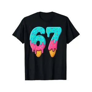 67 Ice Cream Drip Meme T-Shirt for Boys & Girls - Neon 67 Number & Ice Cream Cone Design, Gen Alpha Slang Outfit, Casual Summer Tee with Drip Print (Black) - Ideal Gift for 67th Party (3-13Y)