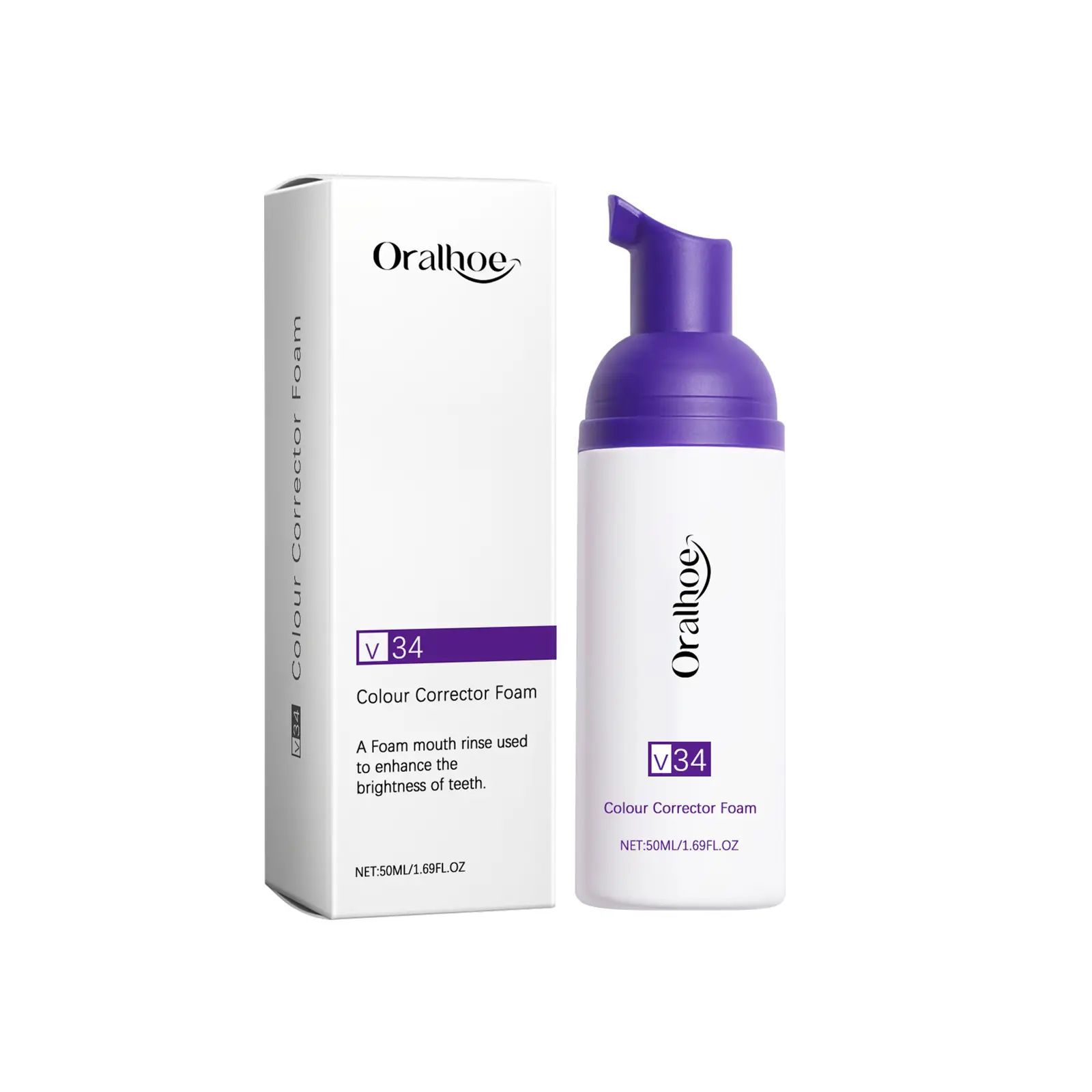 V34 Teeth Colour Corrector Foam 50ml, Purple Tone Neutralizing Foam Mouth Wash, Eliminate Yellow Stains Brighten Teeth Instant Fresh Oral Care