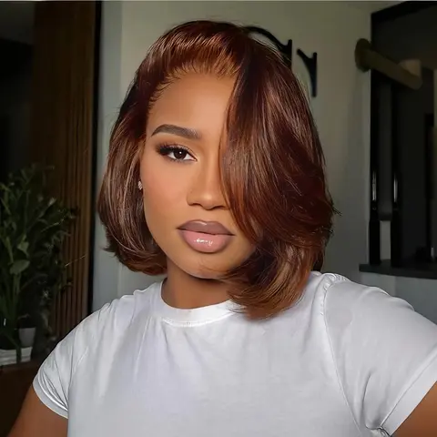 Wavymy Women's Fluffy Natural 100% Human Hair Layered Bob Wig - Lace Front, 33# & 27# Colors, Pre-Styled Glueless Natural Blow Out Texture, M-Cap 9x6 Deeper Parting, Pre-Cut C-Part Lace, Beginner Friendly