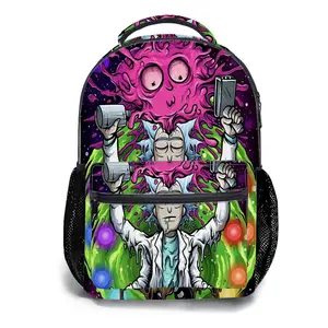 Rick and Morty  Y2K Aesthetic School Backpack for Girls, Cute Cartoon Girl Printed Student Bookbag with Mesh Side Pockets, Large Capacity Casual Daypack and Travel Bag for Kids a-51
