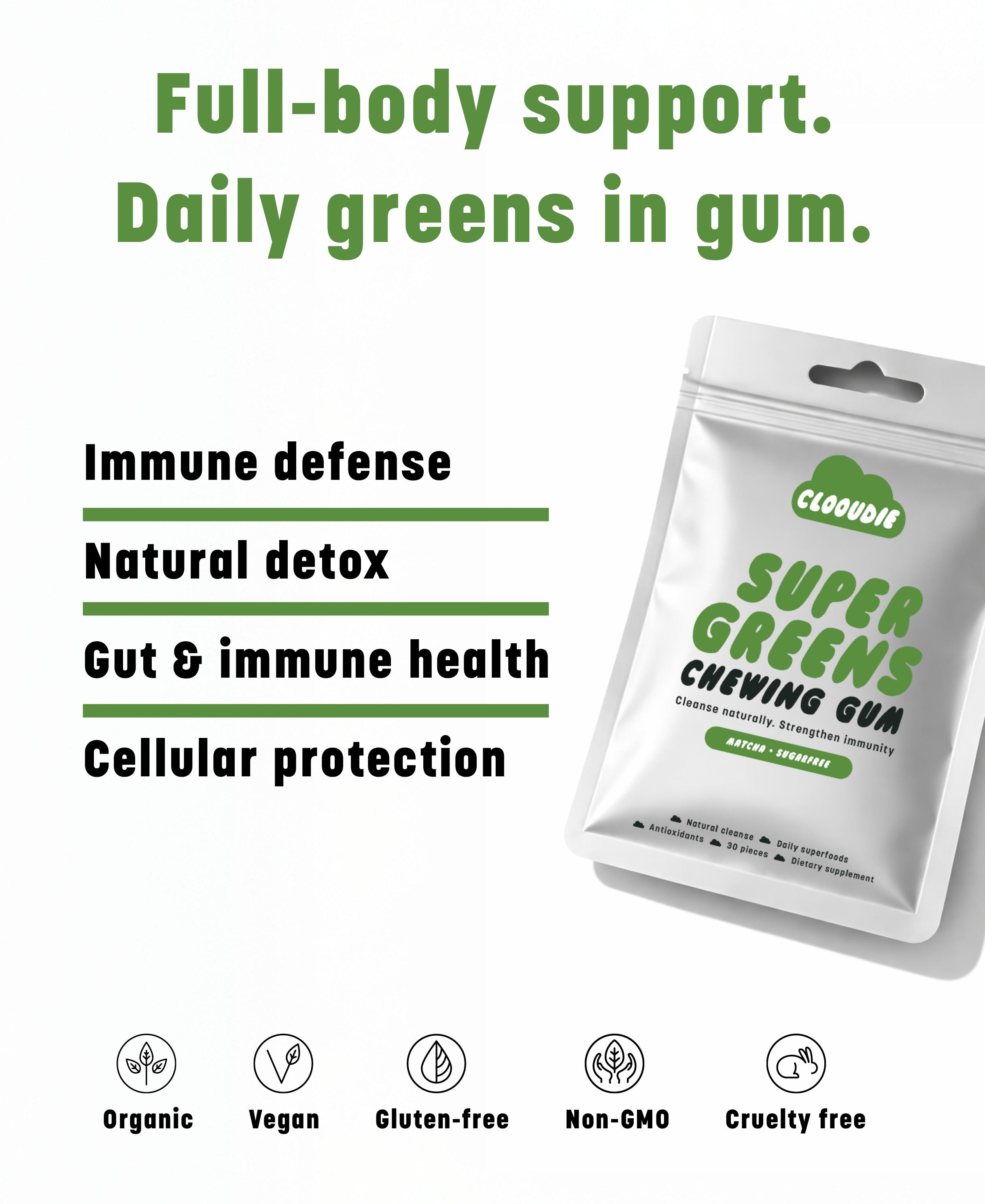 Clooudie SuperGreen Chewing Gum, Matcha Flavor, 30 Gum, Natural Detox Support, Immune Defense, Antioxidant Power, Dietary Supplement, Sugar Free