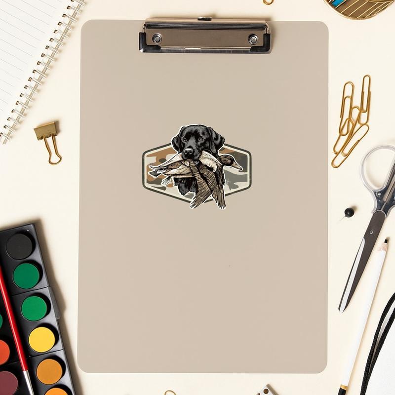 _Black Lab Hunting Dog with Duck Sticker, Duck Camo Labrador Decal, Retro Camo Hunting Patch Hunting Boys Sticker