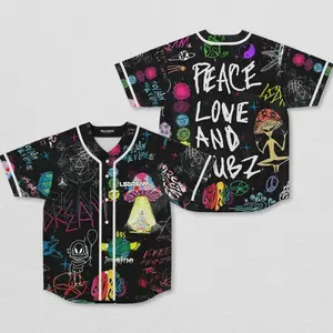 Lsdream Peace Love & Wubz Edition Rave Baseball Jersey, Festival Outfit Trippy Graphic Baseball Jersey Button Up Streetwear Oversized, 420 Lover Graphic Shirt, Gift For Fan Bass Heads/EDM Electronics Music