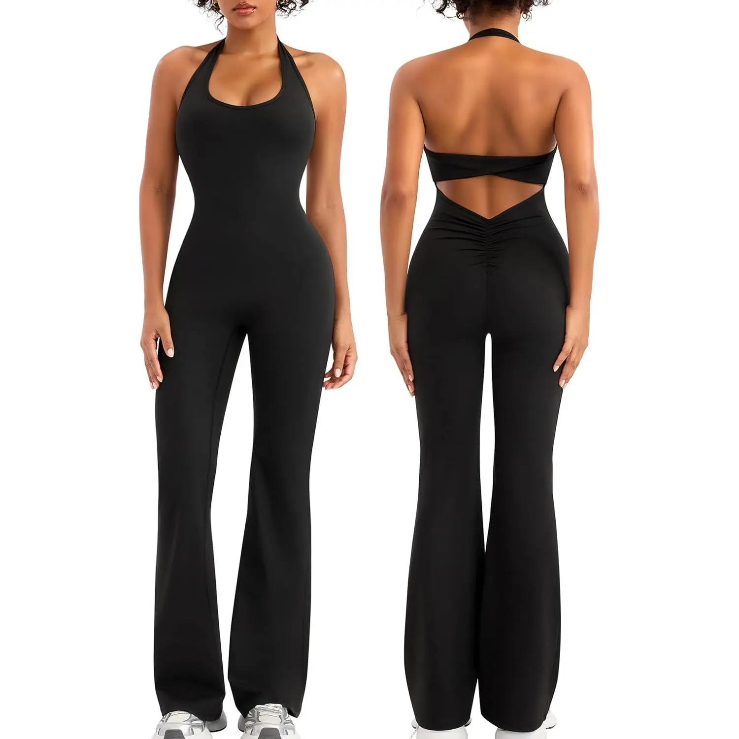 Relety Womens Flare Jumpsuits One Piece Halter Neck Twist Back Sleeveless Butt Scrunch Workout Romper Yoga Bodycon Unitard