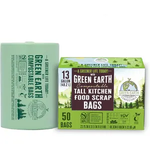 Compostable Tall Kitchen Food Scrap Trash Bags, Superior Strength 0.9 Mil, 13 Gallon 49 Liter 50-Count, Compost Bin Compatible, ASTM D6400 BPI & OK Compost Home Certified