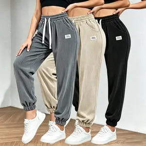 3 Pack Women’s Loose Fit Corduroy Cuffed Jogger Pants | Ultra Soft Breathable Vertical Striped Cord Fabric, Contrast White Drawstring Elastic High Waist, Mini Brand Tag Detail & Convenient Side Pockets, Relax Cuffed Ankle Cut in Beige/Gray/Teal, Perfect f