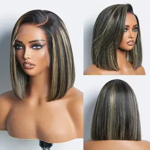 Bob Wig Highlight Ombre Human Hair 13x4 HD Transparent Lace Frontal Wigs 1b/27 Black and Honey Blonde Wig Pre Plucked with Baby Hair 180 Density Short Bob Wigs
