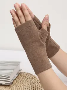 Women's Winter Half Finger Gloves, Fleece Lined Thick Warm Office Writing Gloves, Unisex Pure Color Modern Mitts for Fall & Winter