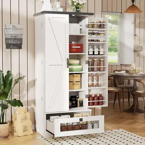 55" Pantry Cabinets with Adjustable Shelves and Drawer, Farmhouse Kitchen Pantry Storage Cabinet, Buffet Cupboards Sideboard for Kitchen, Dining Room, Living Room Use