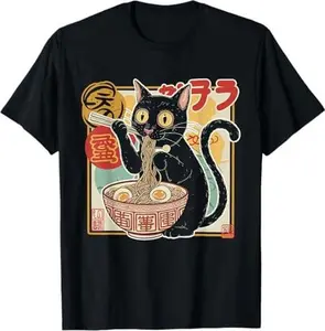 Cat Eating Ramen Noodle Funny Japanese Anime Girls Teens T-Shirt