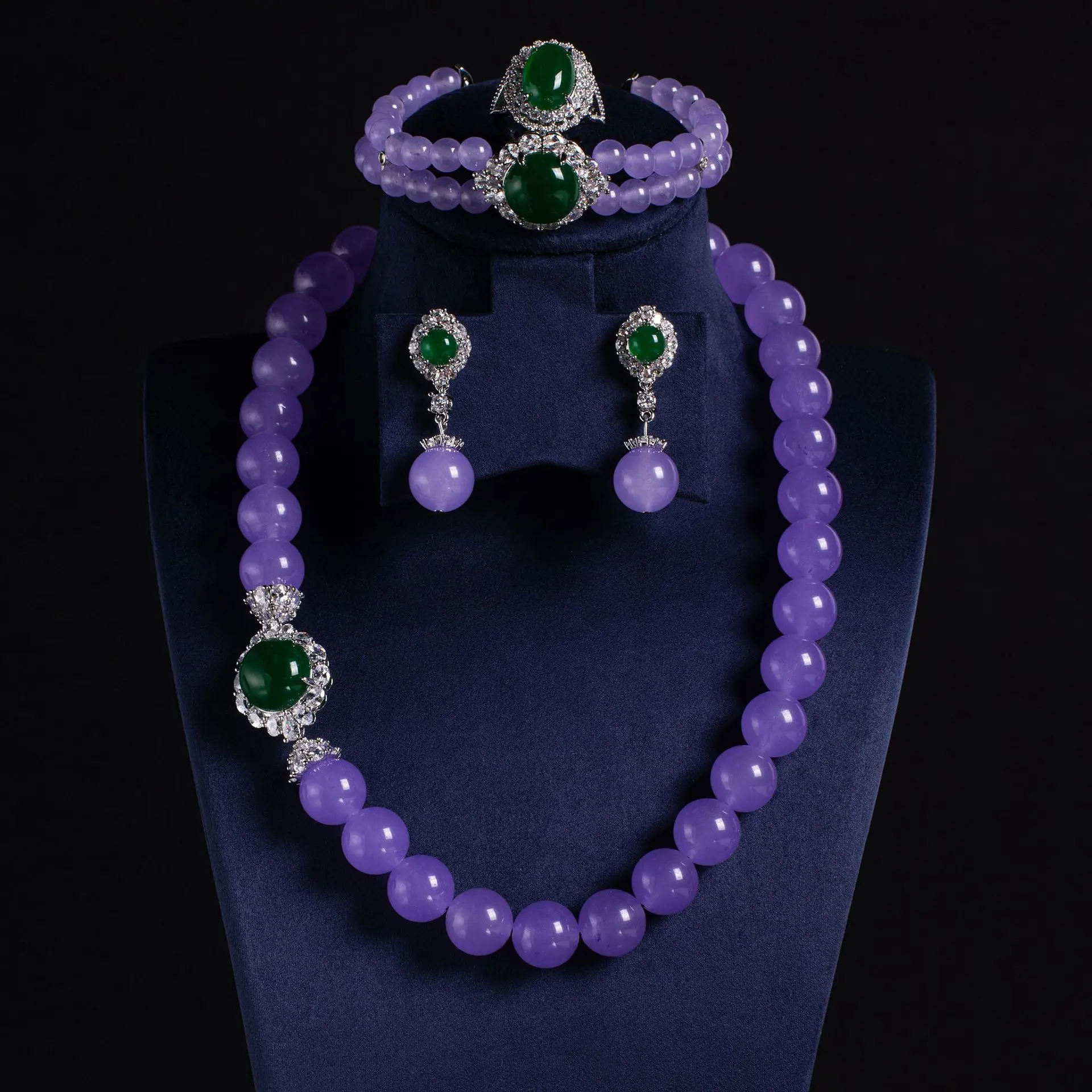 Women's 4-Piece Vintage Chinese Style Violet Purple Beaded Jade Jewelry Set - Brass Green Oval Cabochon Halo Zircon Necklace, Earrings, Bracelet, Ring for Formal Weddings
