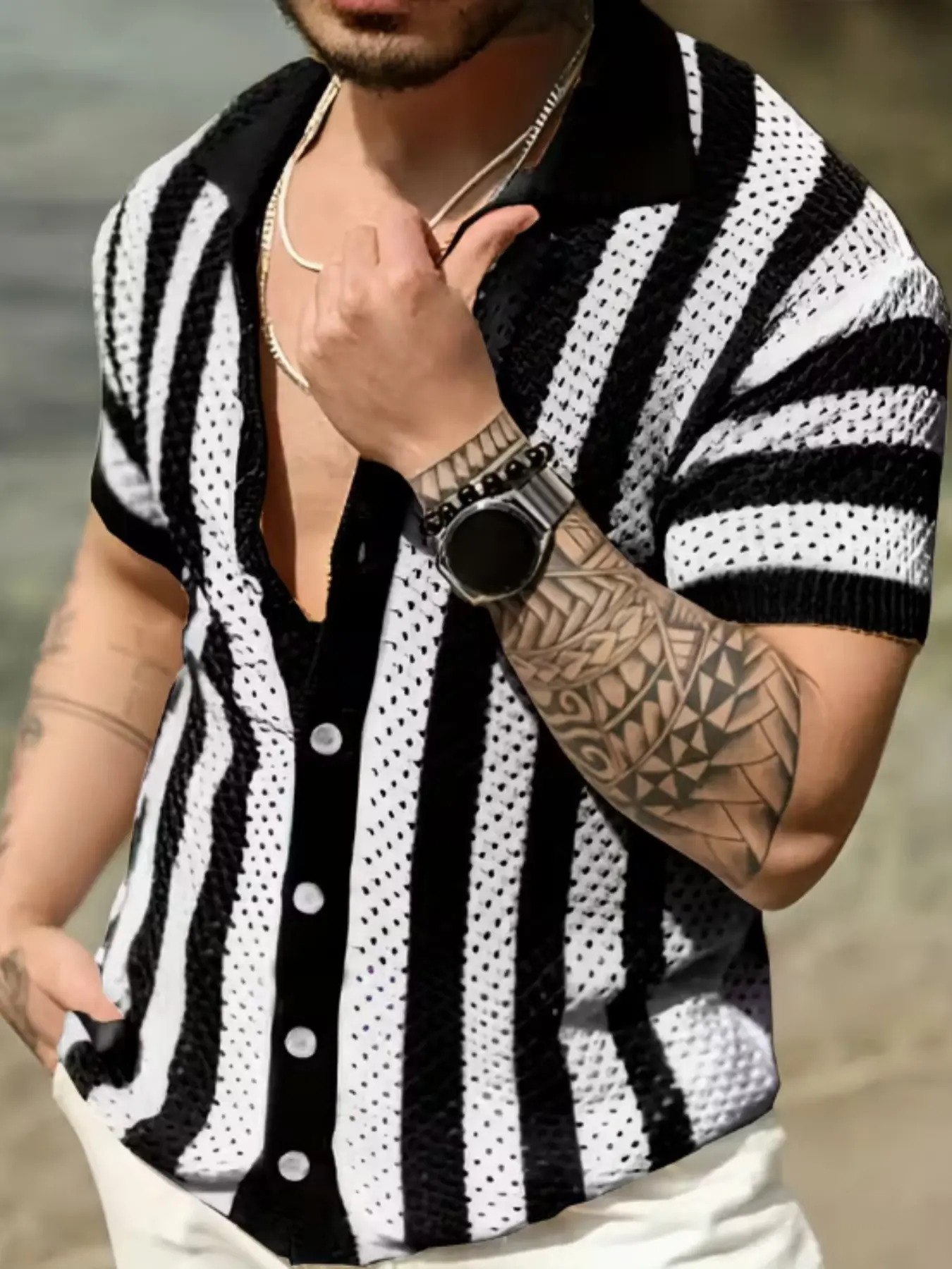 Summer Striped Knit Cardigan, Breathable Hollow Polo Neck Sweater, Men's Casual Vacation Beach Wear, Air Conditioning Shirt, Knitted Polo Sweater, Knitwear