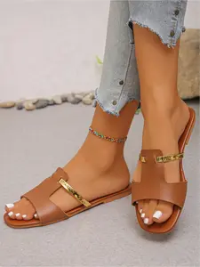 2026 Summer New Retro Metal Buckle Strap Flat Sandals, Multi - color Splicing Square - toe Open - toe Women's Slides, Versatile for Daily Commute/Shopping/Vacation & Leg - lengthening