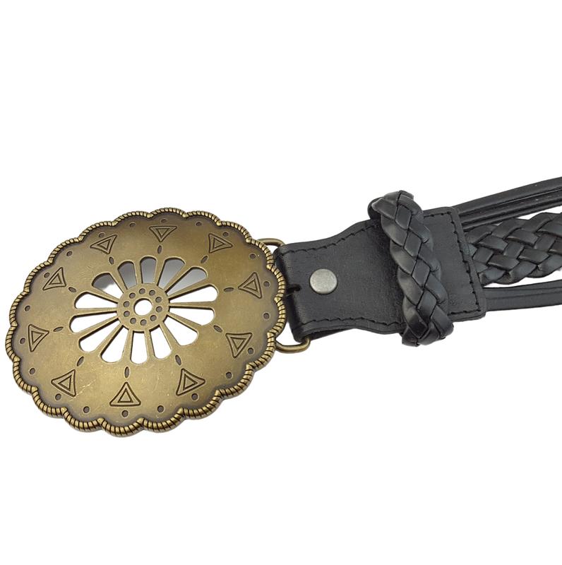 Hand Braided Leather Belt with Navajo-Style Floral Buckle
