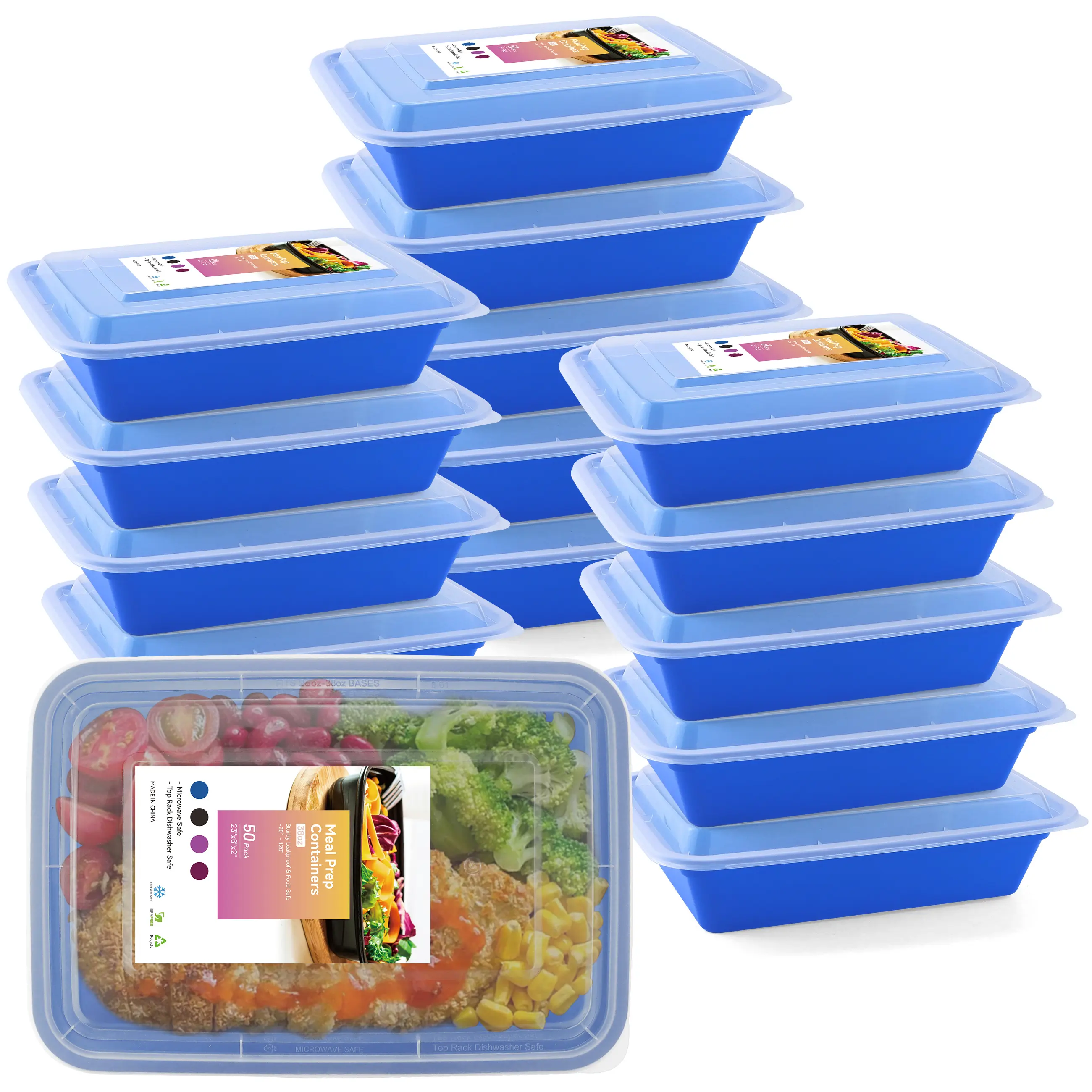 BPA-Free 38oz Single-Comp. Meal Prep Storage Containers (50-Pack Blue) - Sturdy Thick Polypropylene, Locking Lids, Reusable Stackable, Leak-Resistant, Freezer-to-Microwave-Dishwasher Safe, 50-Pack Value, Lunch Packing for My Kid, Fridge Organization